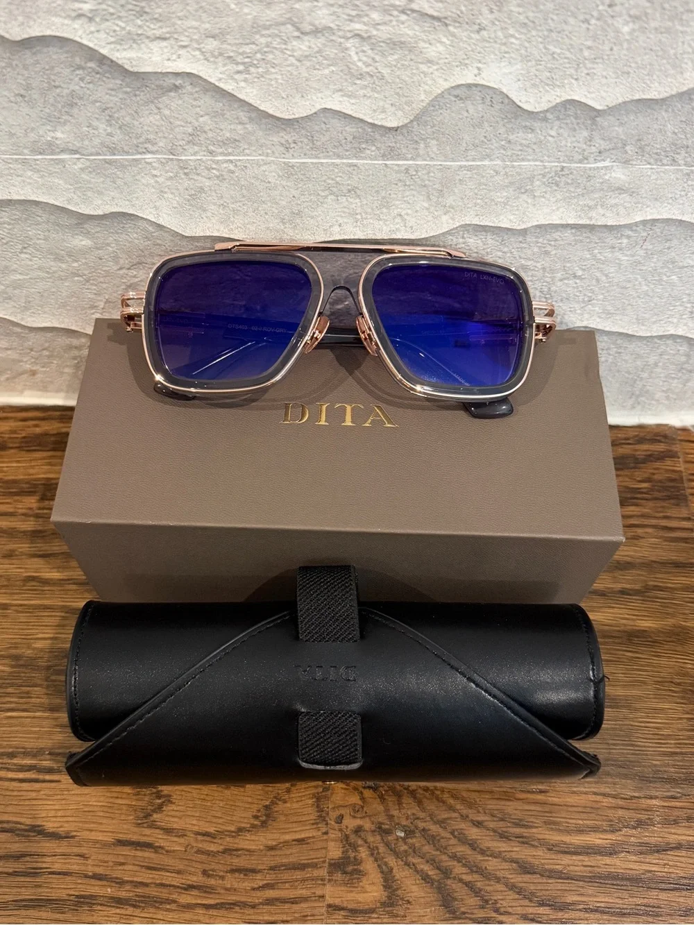 DITA Rose Gold Frame Sunglasses with Blue Lenses